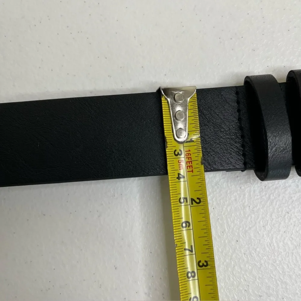 Faux Leather Black Belt Silver Buckle Classic Basic Simple 1.5